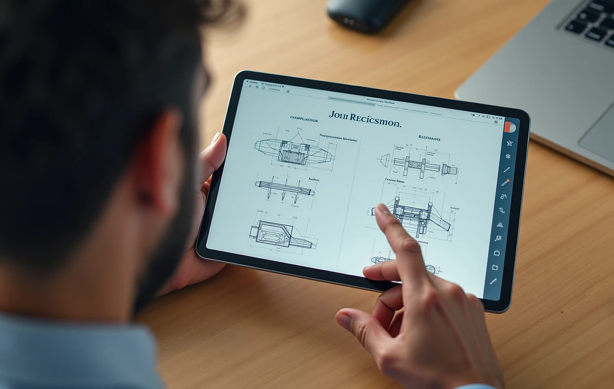 Aerospace consultant reviewing aircraft technical drawings on a tablet